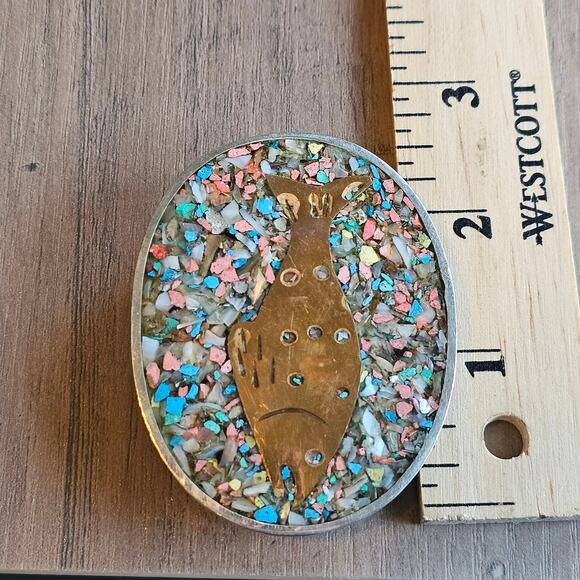 Vintage Alpaca Silver Crushed Stone Inlay Fish Belt Buckle - Picture 3 of 6